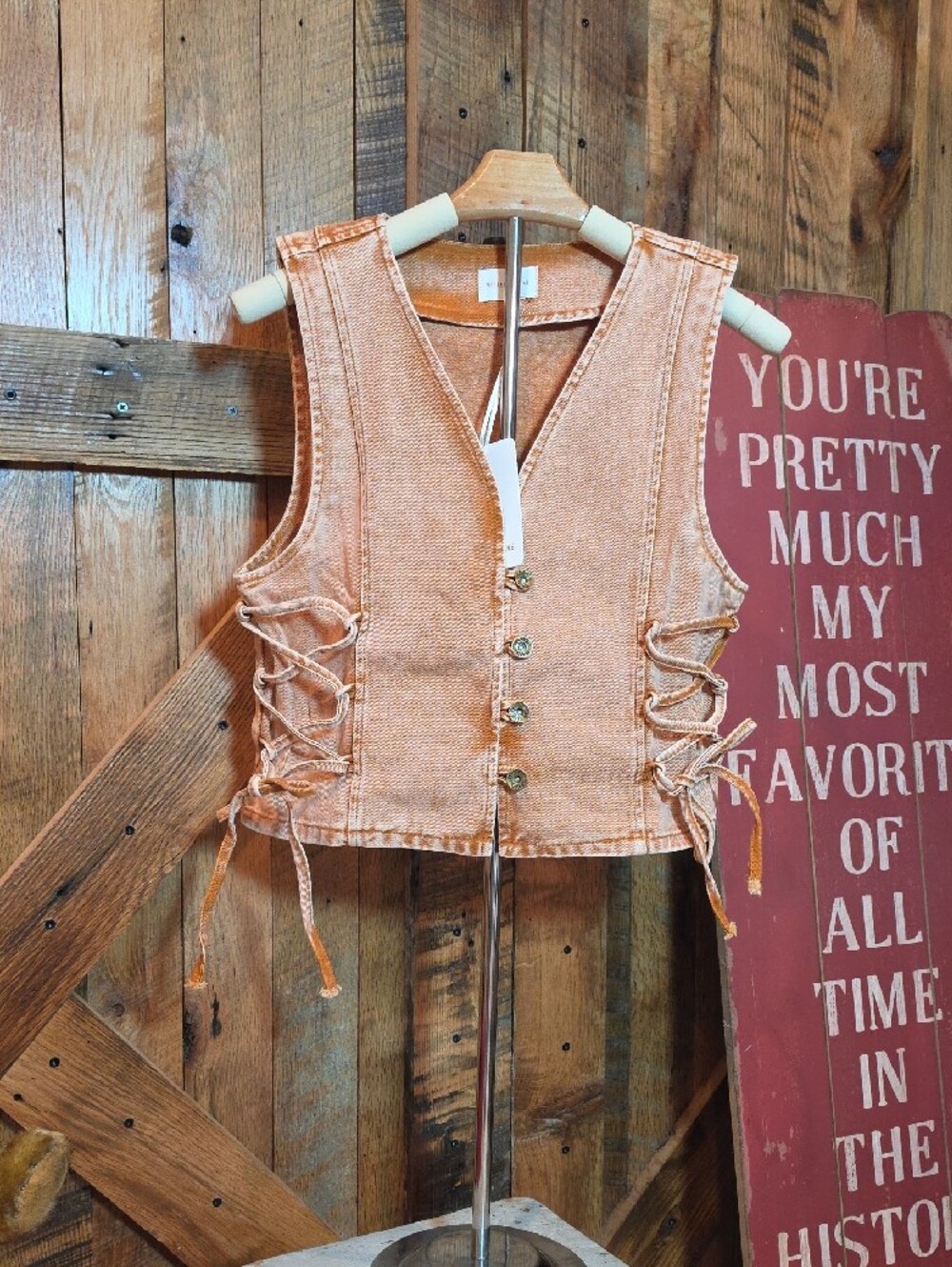 193p Washed Rust Sleeveless Lace-Up Button Vest - Picture 3 of 11